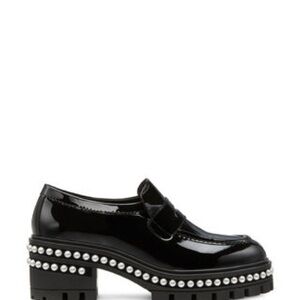 NWT Stuart Weitzman Black Patent Leather Loafers with Pearl Detailing Size 8.5